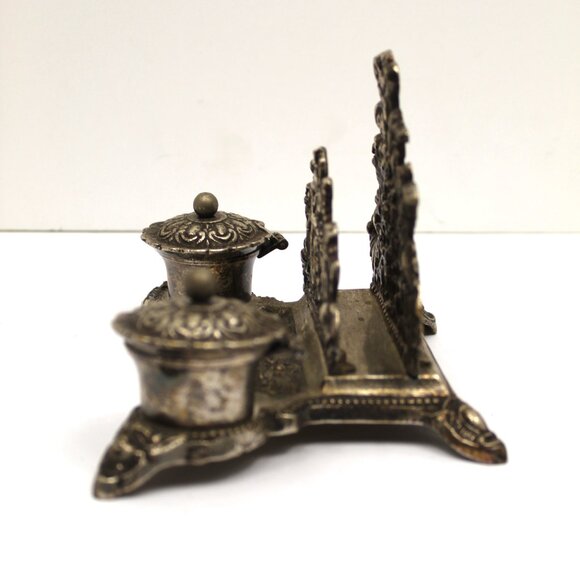 Rococo Style Silver Plated Brass Desktop Double Inkwell w/Cherubs Letter Holder - Picture 10 of 11